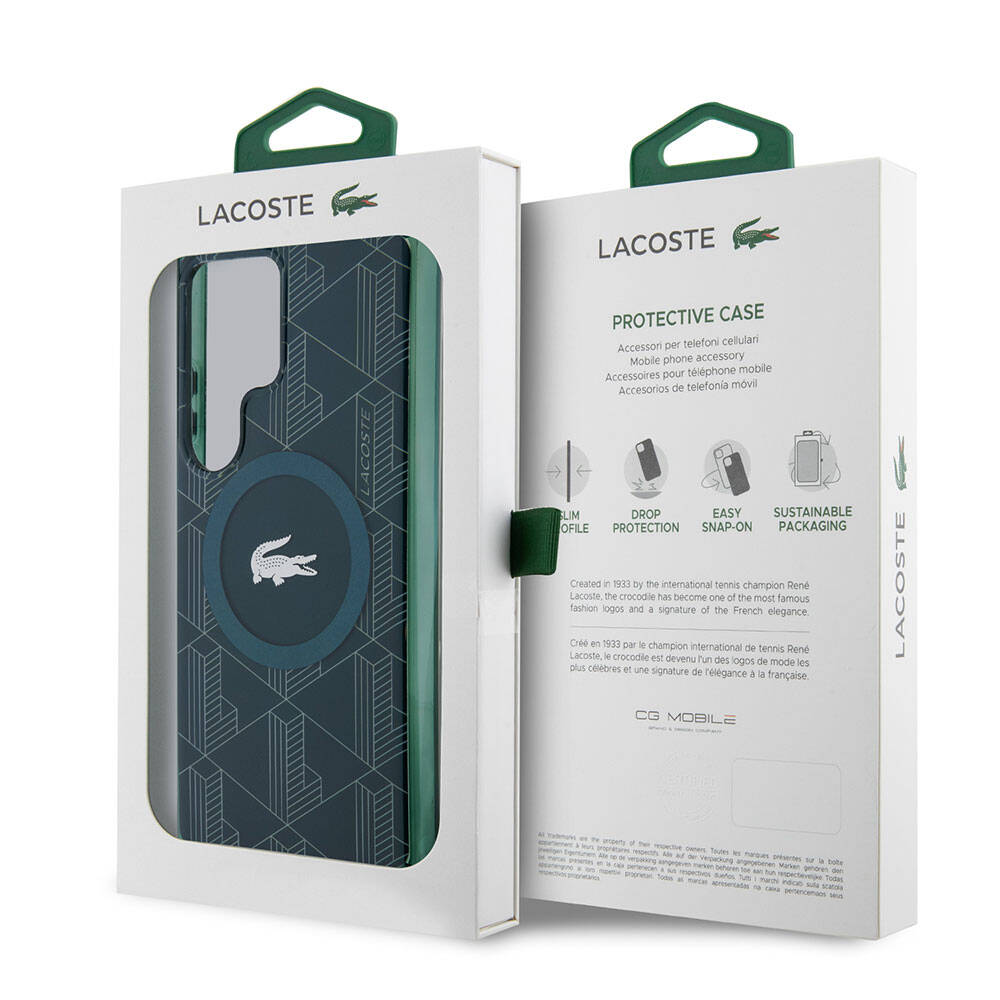 Galaxy S24 Ultra Kılıf Lacoste Orjinal Lisanslı M-safe Şarj Özellikli Çift Katmanlı Timsah Logolu Blend Monogram Kapak Haki