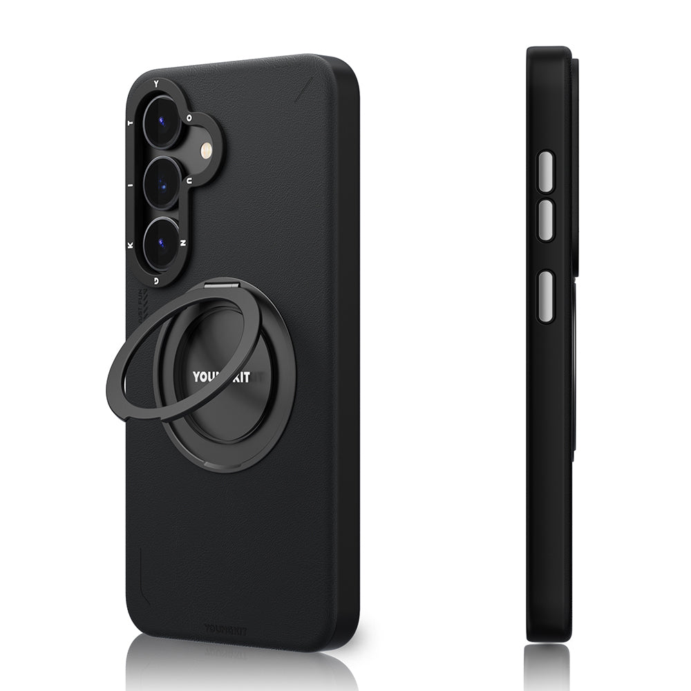 Galaxy S25 Kılıf M-safe Şarj Özellikli 360° Standlı Basit Mat Deri Desenli Youngkit Tech Leather Serisi Kapak Siyah