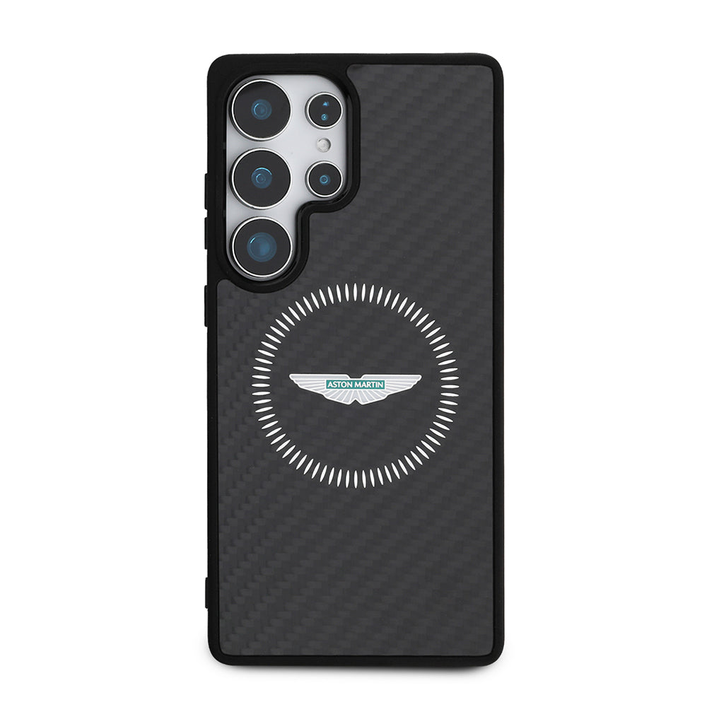 Galaxy S25 Ultra Kılıf Aston Martin Orjinal Lisanslı M-safe Şarj Özellikli Radyal Halka ve Karbon Fiber Tasarımlı Kapak