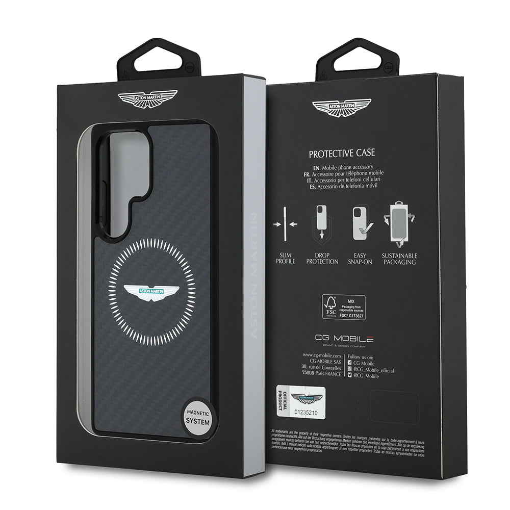 Galaxy S25 Ultra Kılıf Aston Martin Orjinal Lisanslı M-safe Şarj Özellikli Radyal Halka ve Karbon Fiber Tasarımlı Kapak Siyah