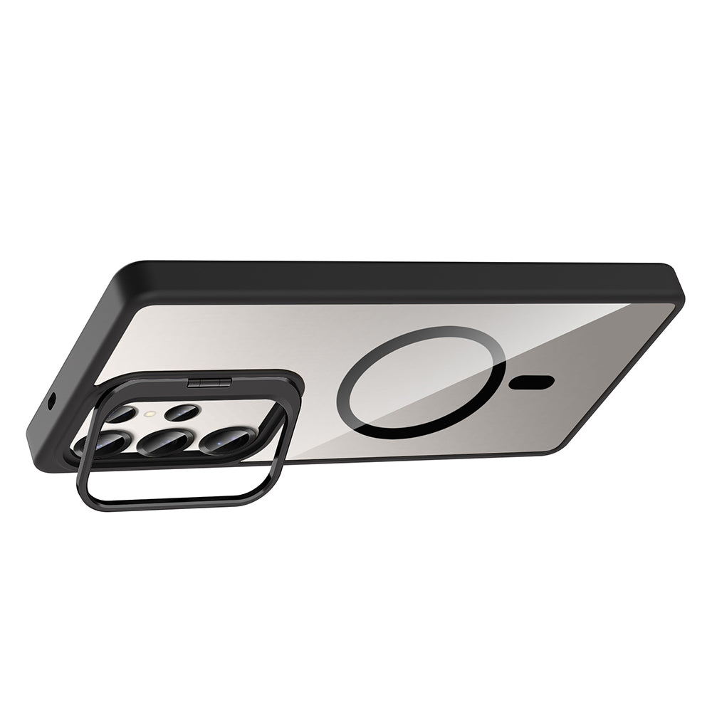 Galaxy S25 Ultra Kılıf Standlı ve Kamera Lens Hediyeli M-Safe Şarj Özellikli Zore Etro Kapak Lacivert