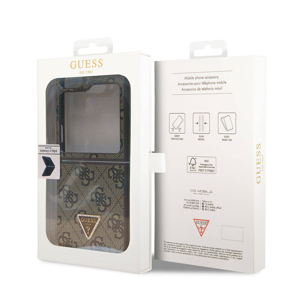 Galaxy Z Flip 5 Kılıf Guess Orjinal Lisanslı PU Deri Taşlı Üçgen Logo 4G Desenli Strass Kapak Siyah