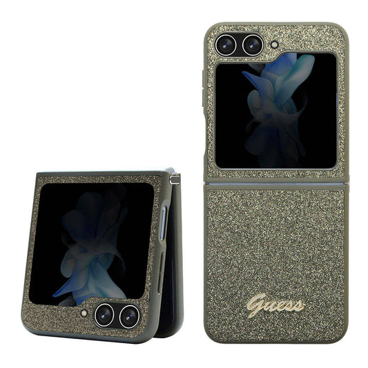 Galaxy Z Flip 5 Kılıf Guess Orjinal Lisanslı Yazı Logolu Glitter Flakes Kapak Haki