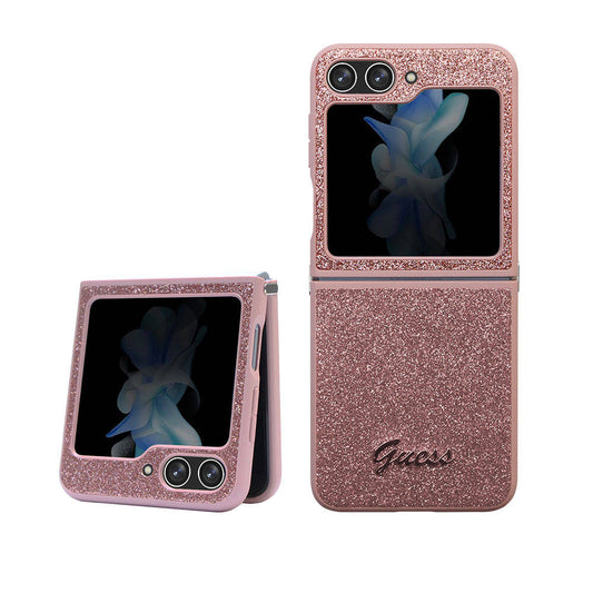 Galaxy Z Flip 5 Kılıf Guess Orjinal Lisanslı Yazı Logolu Glitter Script Kapak Pembe