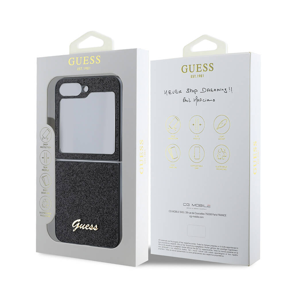 Galaxy Z Flip 6 Kılıf Guess Orjinal Lisanslı Yazı Logolu Glitter Script Kapak Siyah