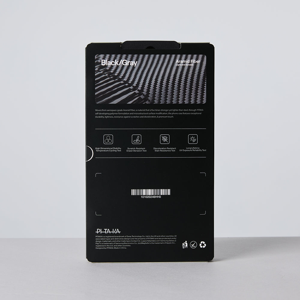 Galaxy Z Flip 7 Kılıf M-safe Şarj Özellikli 600D Aramid Fiber Pitaka Ultra-Slim Classic Serisi Black-Grey Twill Kapak Siyah-Gri
