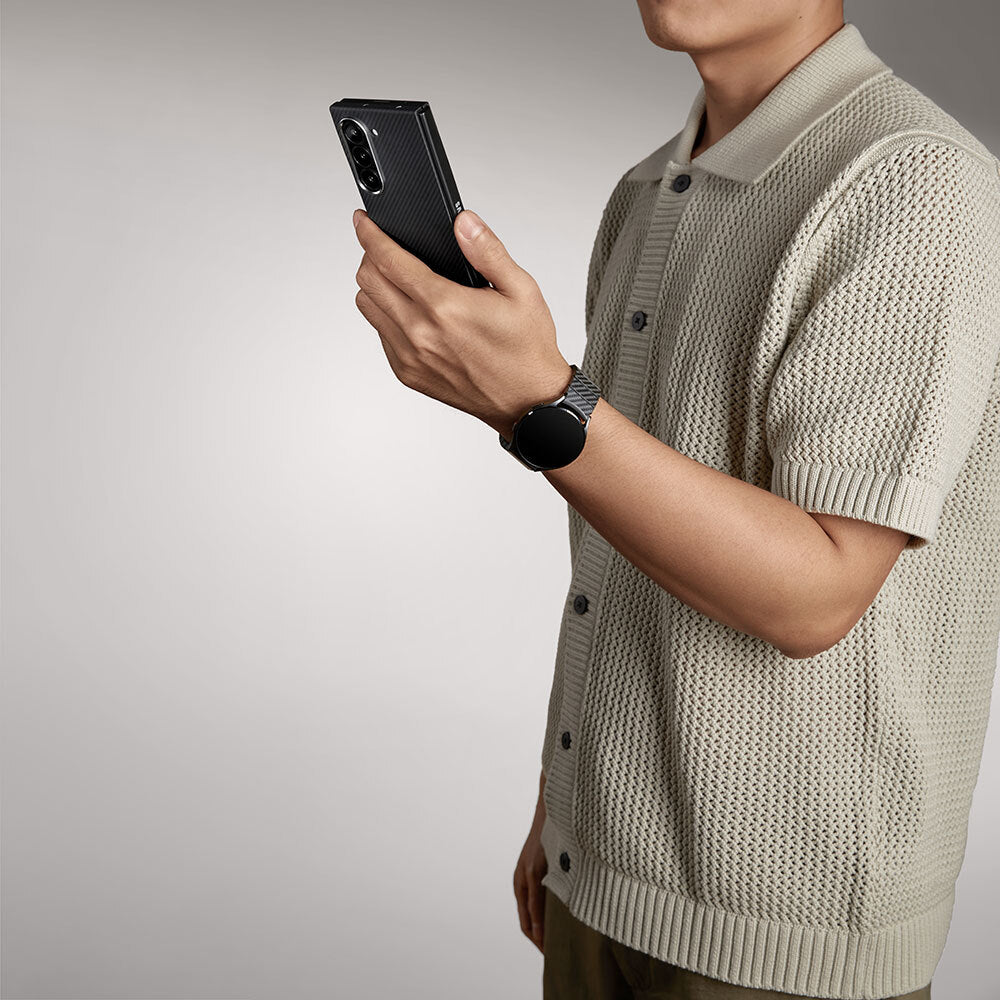 Galaxy Z Fold 6 Kılıf M-safe Şarj Özellikli 600D Aramid Fiber Pitaka Ultra-Slim Classic Serisi Black-Grey Twill Kapak Siyah-Gri