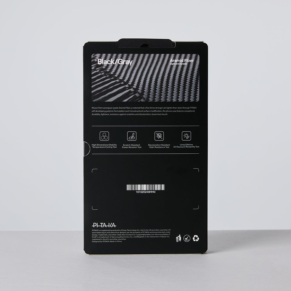 Galaxy Z Fold 7 Kılıf M-safe Şarj Özellikli 600D Aramid Fiber Pitaka Ultra-Slim Classic Serisi Black-Grey Twill Kapak Siyah-Gri