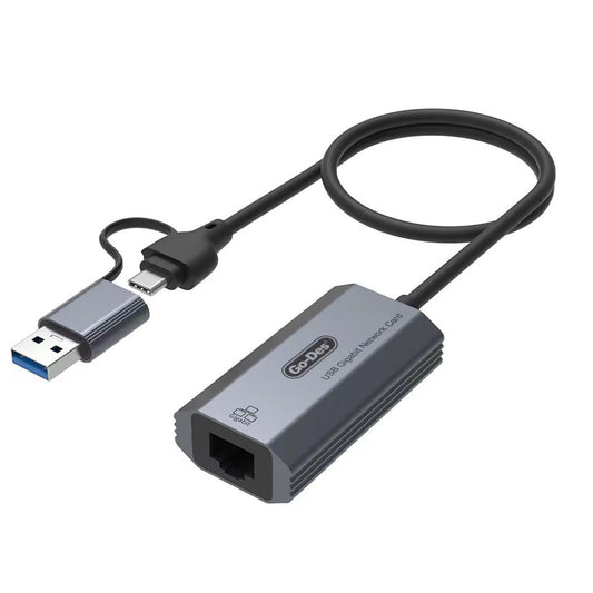 Go Des GD-6836 RJ45 to Type-C ve USB-A Gigabit Ethernet Dönüştürücü Kablo 1000Mbps 50cm Siyah