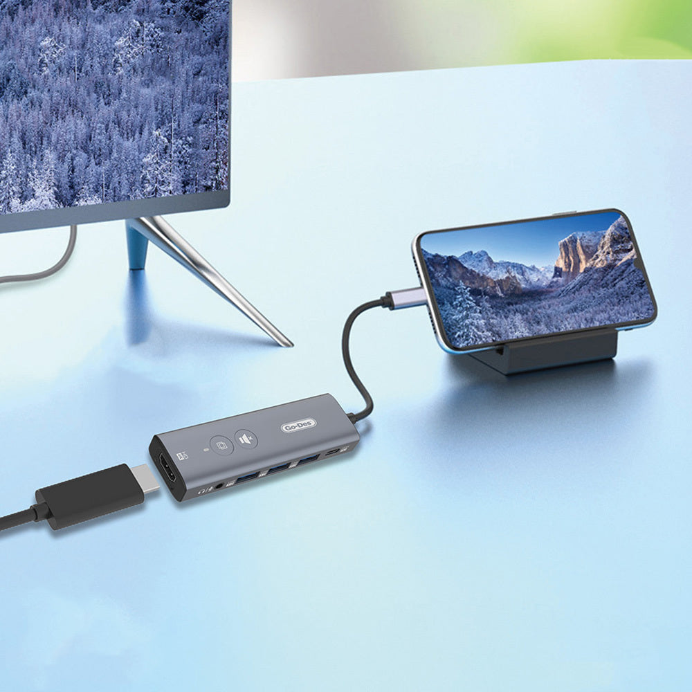 Go Des GD-6903 Type-C Bağlantılı 6in1 Hub Adaptör USB3.0/Hdmi/PD 100W/3.5mm/4K Ultra HD 30hz/5Gbps Gri