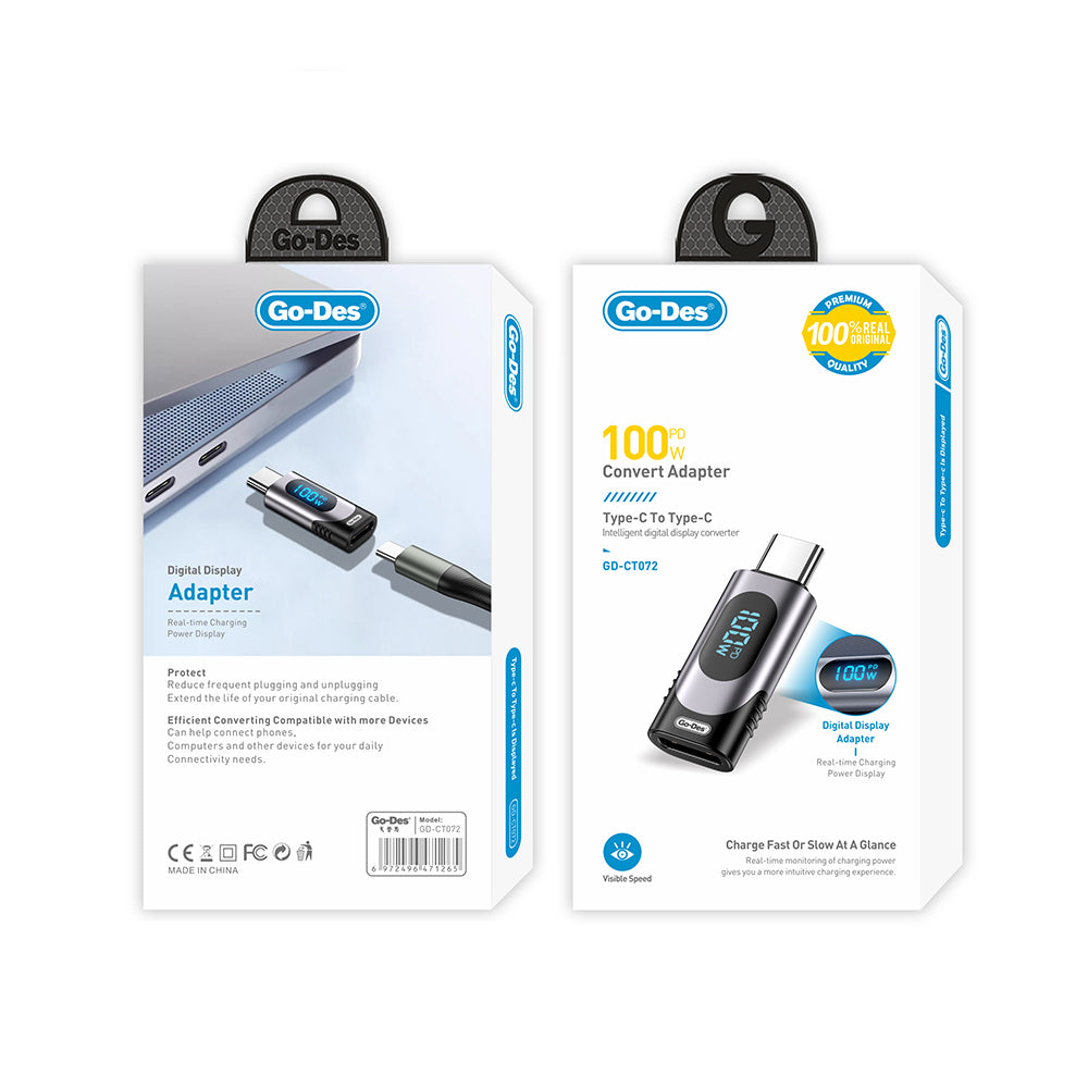 Go Des GD-CT072 Type-C to Type-C Dijital LED Göstergeli Hızlı Şarj Adaptörü 100W Gri
