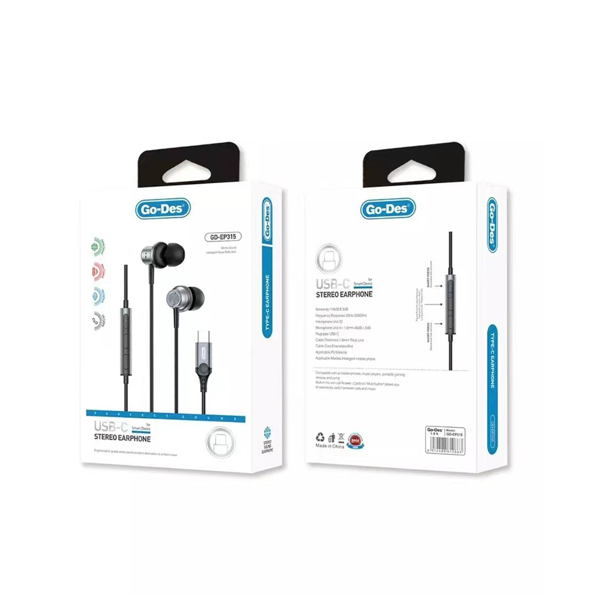 Go Des GD-EP315 Kulakiçi Kablolu Type-C Tak Çalıştır Stereo Kulaklık Siyah