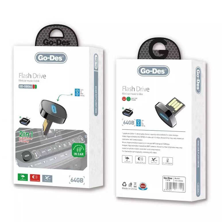 Go Des GD-GB066 2 in 1 Led Işıklı Araç İçi Mini Flash Disk 64 Gb Type-C OTG Hediyeli Siyah