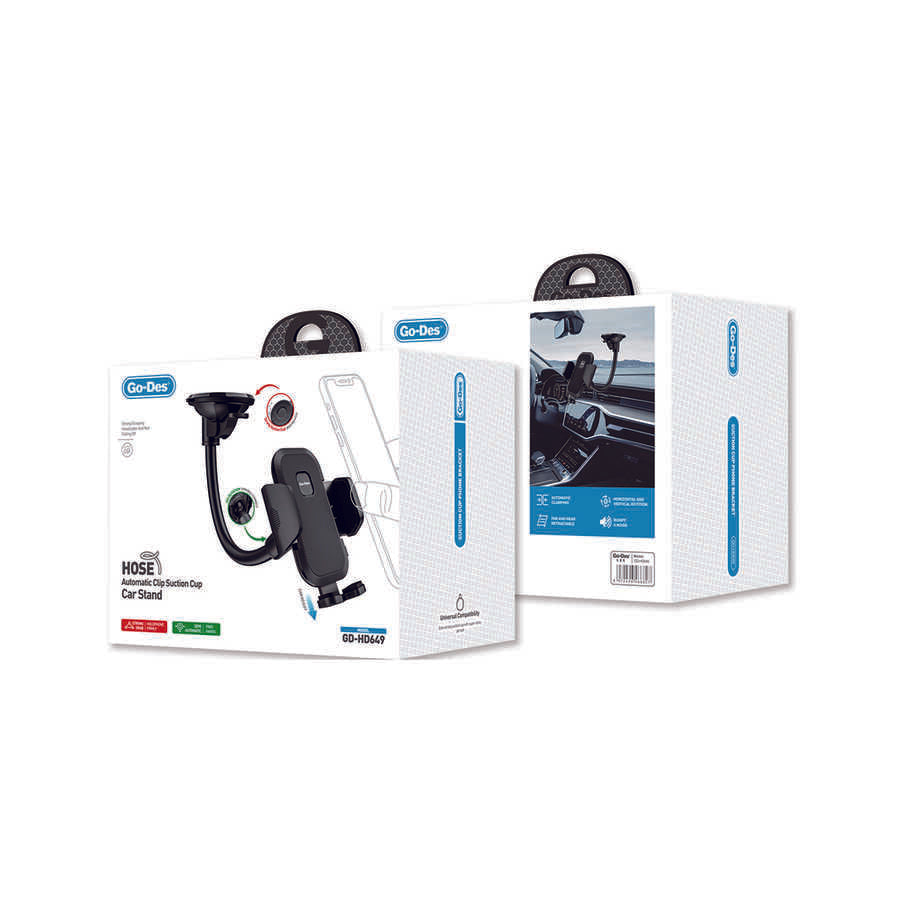 Go Des GD-HD649 Araç İçi Telefon Tutucu 360 Oynar Başlıklı Vantuzlu Tasarım Siyah