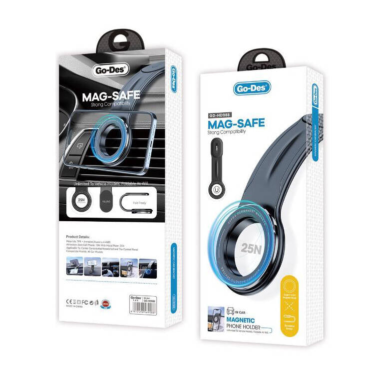 Go Des GD-HD988 Magnetik M-safe Uyumlu Bükülebilen Eğimli ve Düz Zemin Araç Telefon Tutacağı Siyah