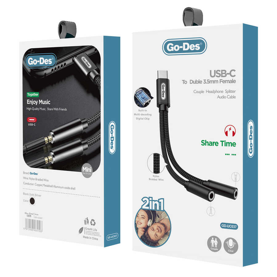 Go Des GD-UC037 Type-C To Double 3.5mm Dönüştürücü Siyah