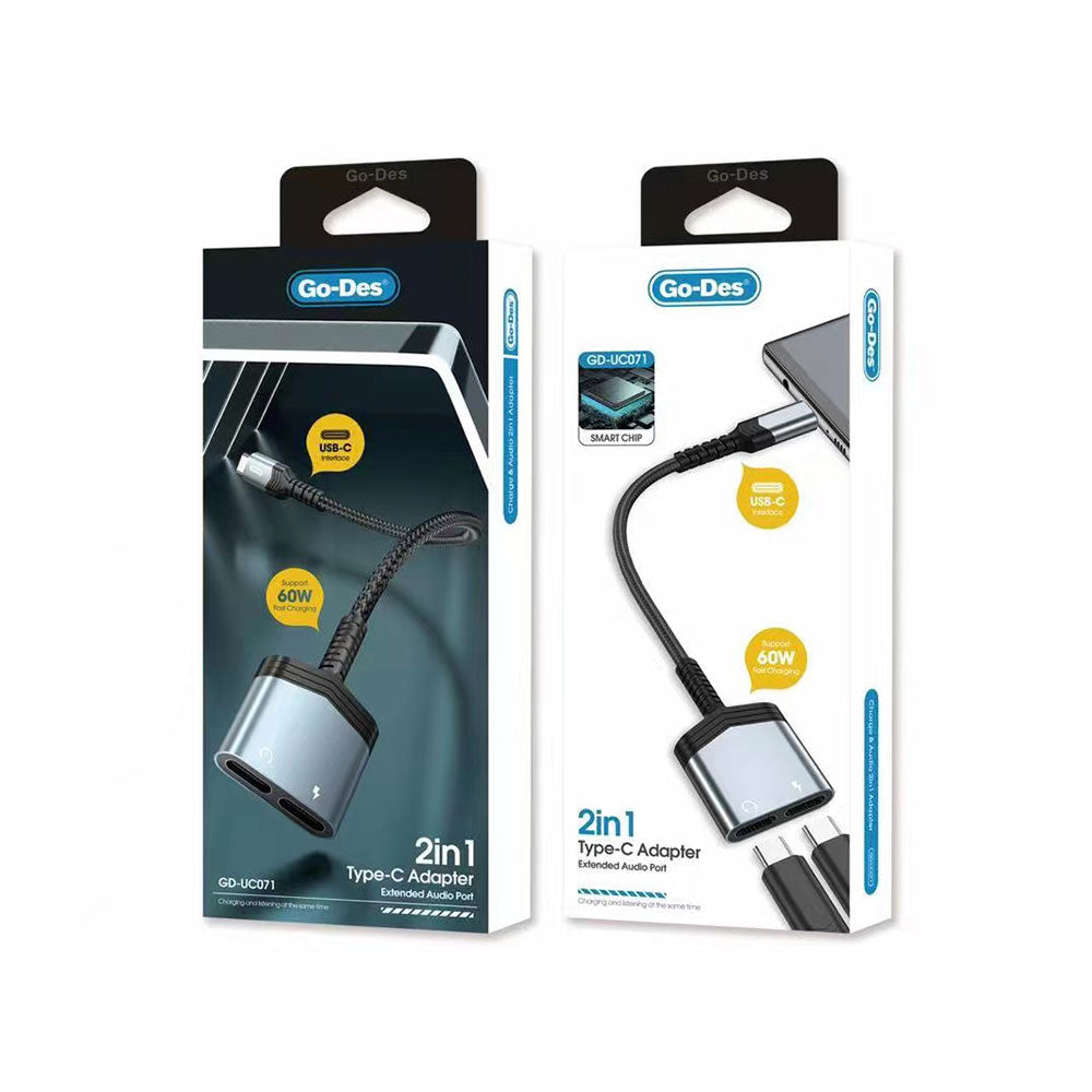 Go Des GD-UC071 Type-C 2in1 Şarj ve Ses Adaptörü Gri