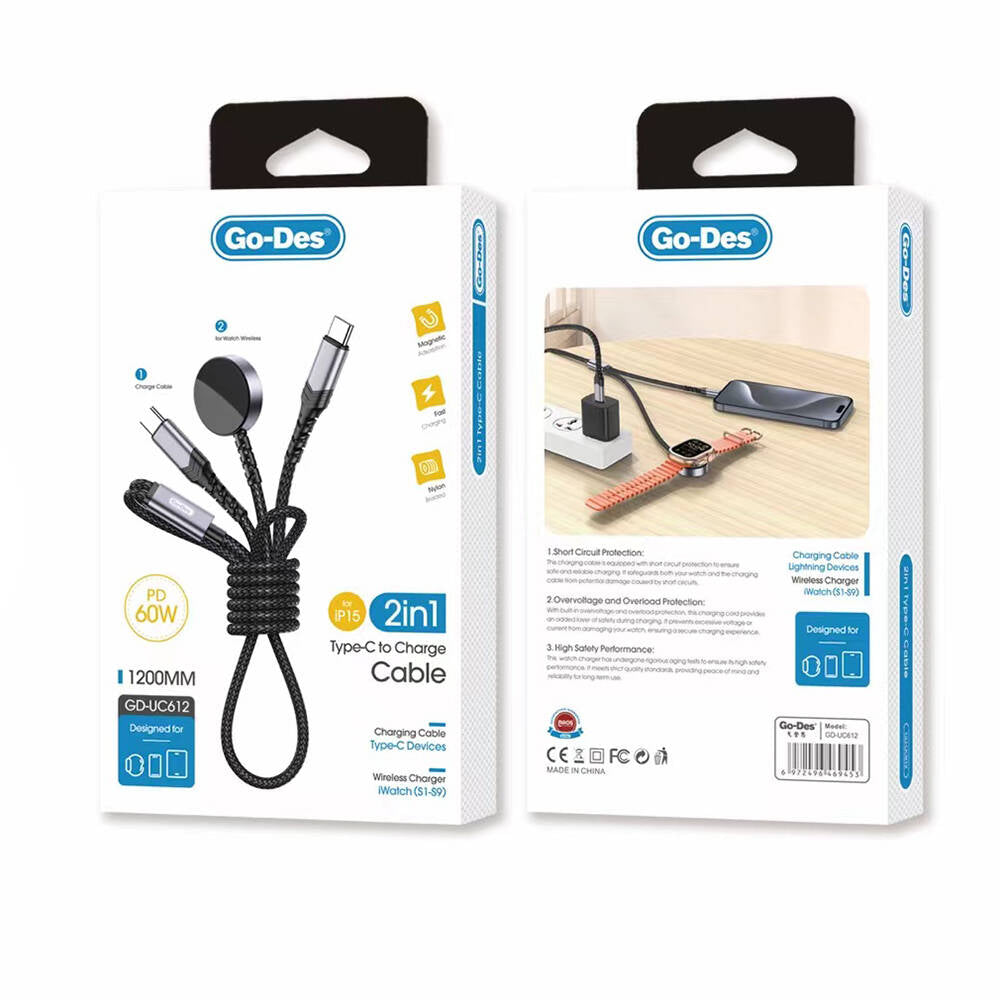 Go Des GD-UC612 2in1 iOS Watch Uyumlu Wireless Type-C PD Hızlı Şarj Kablosu 60W 1.2M Siyah