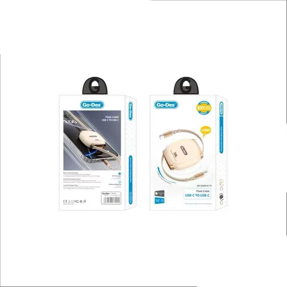 Go-Des GD-UC682 Type-C to Type-C Makaralı Data ve Şarj Kablosu 100W Siyah