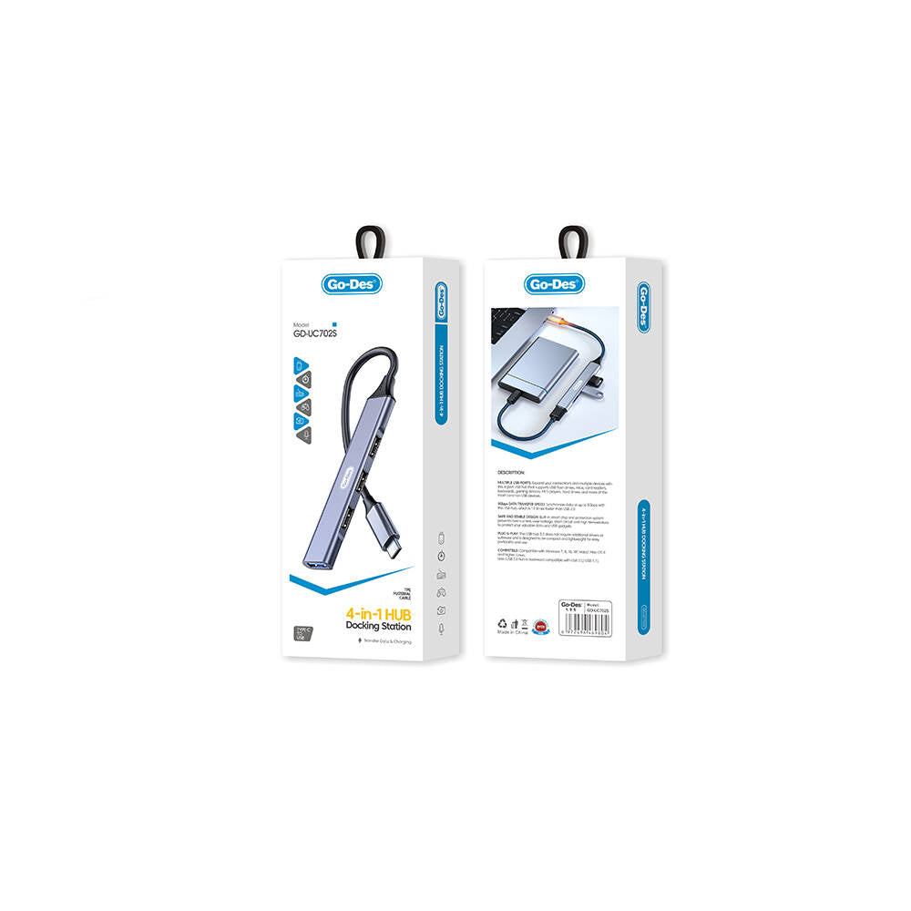 Go Des GD-UC702S USB3.0 + USB2.0 + USB1.1 + 5Gbps Type-C Bağlantılı 4in1 Hub Gri