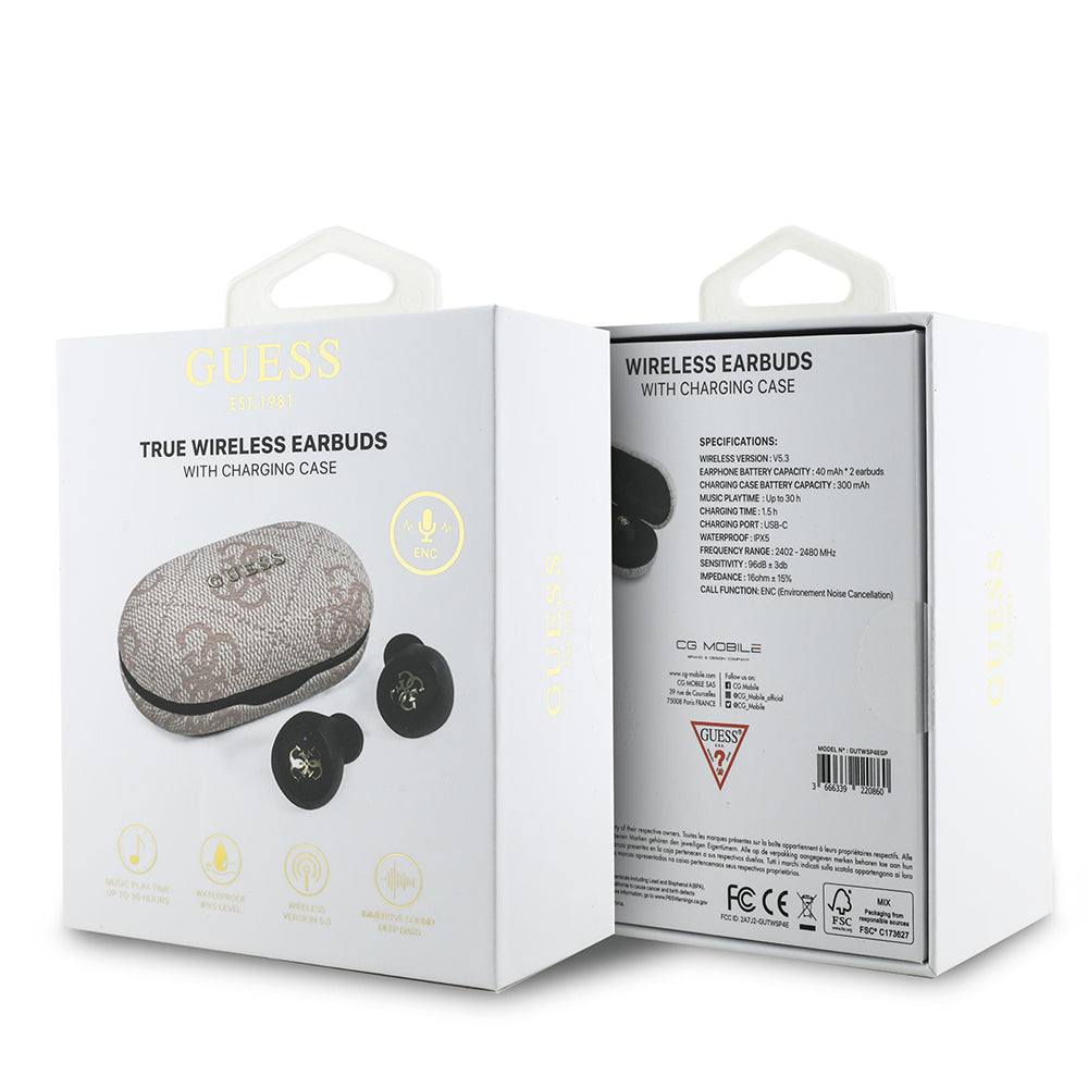 Guess Orjinal Lisanslı Klasik Metal Yazı Logolu TWS Kulak İçi Bluetooth Kulaklık Kahverengi