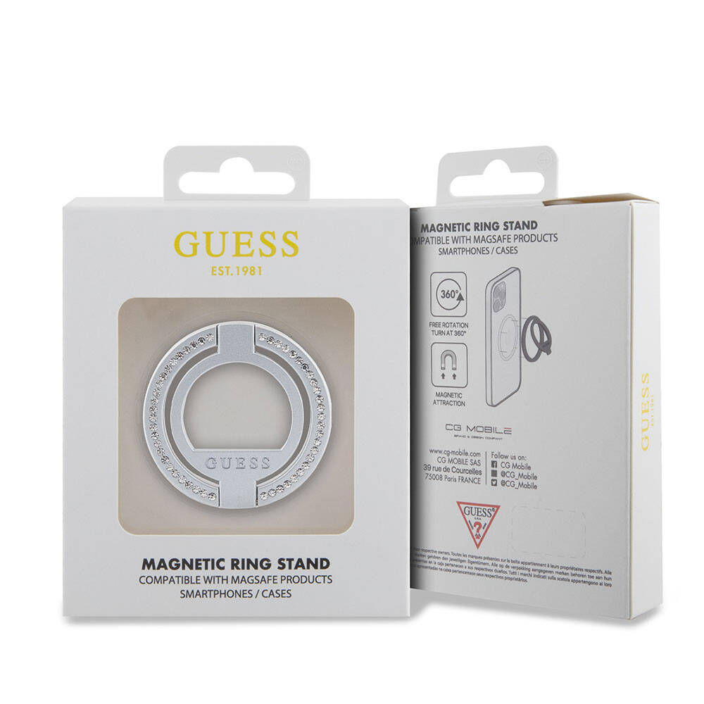 Guess Orjinal Lisanslı M-safe Şarj Özellikli Yazı Logolu Taşlı Yüzüklü Magnetik Stand Gümüş