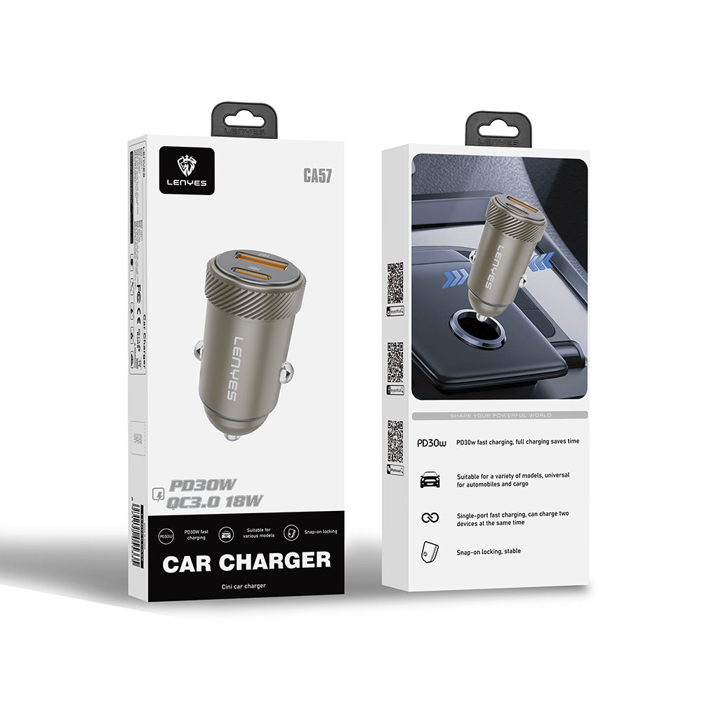 Lenyes CA57 Hızlı Şarj Özellikli Dual Type-C + USB-A Portlu Mini Araç Şarj Aleti 30W Kahverengi