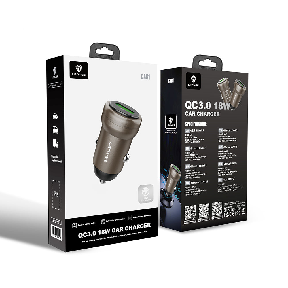 Lenyes CA61 Hızlı Şarj Özellikli USB-A Portlu Araç Şarj Aleti 18W Gold