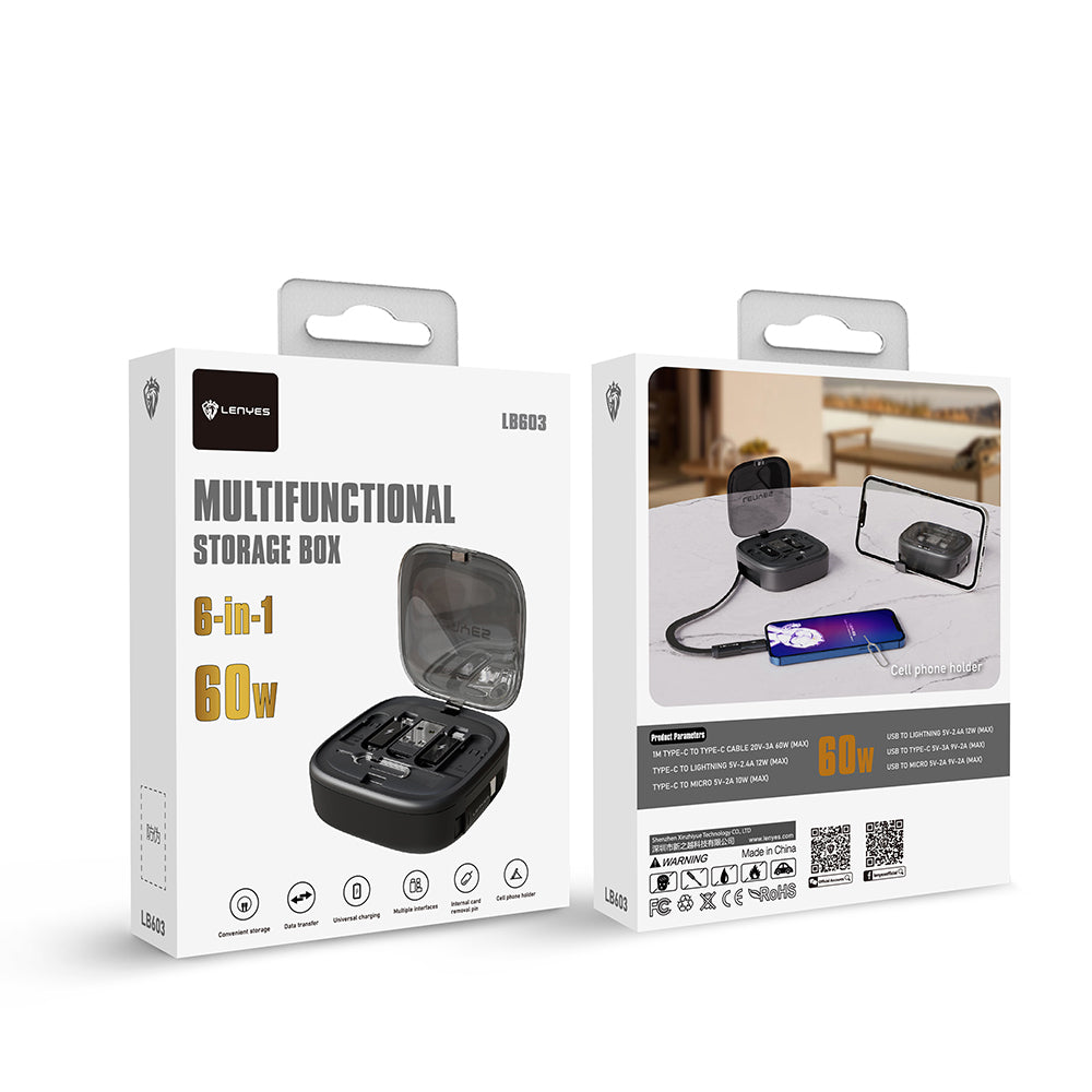Lenyes LB603 6in1 Type-C to Type-C Kablolu 60W Çevirici Adaptör Seti Standlı Saklama Kutusu Siyah