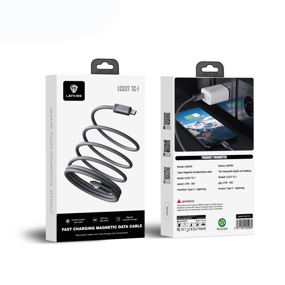 Lenyes LC527 Spiral Magnetik Örgülü Tasarım Type-C to Lightning Hızlı Şarj Özellikli Data ve Şarj Kablosu 27W 1M Gri