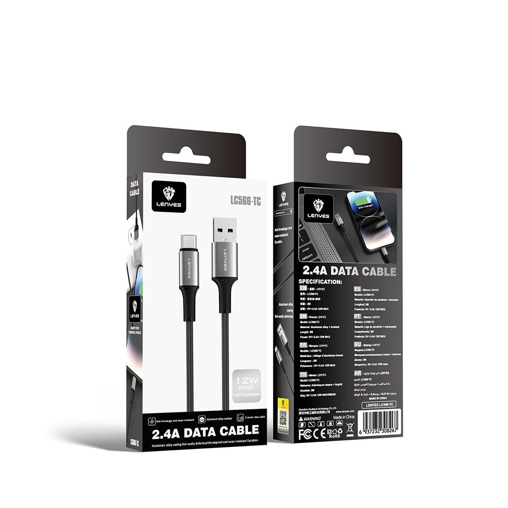 Lenyes LC566 USB-A to Type-C Örgü Tasarımlı Hızlı Şarj Özellikli Data ve Şarj Kablosu 12W 2M