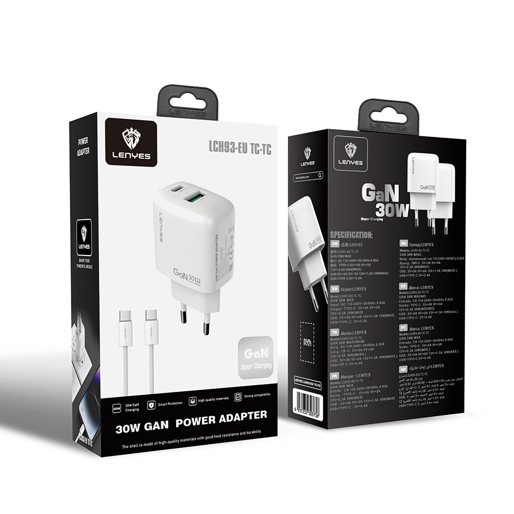 Lenyes LCH93-TC-TC Type-C to Type-C GaN Teknolojili PD ve USB Hızlı Şarj Özellikli Şarj Seti 30W Beyaz