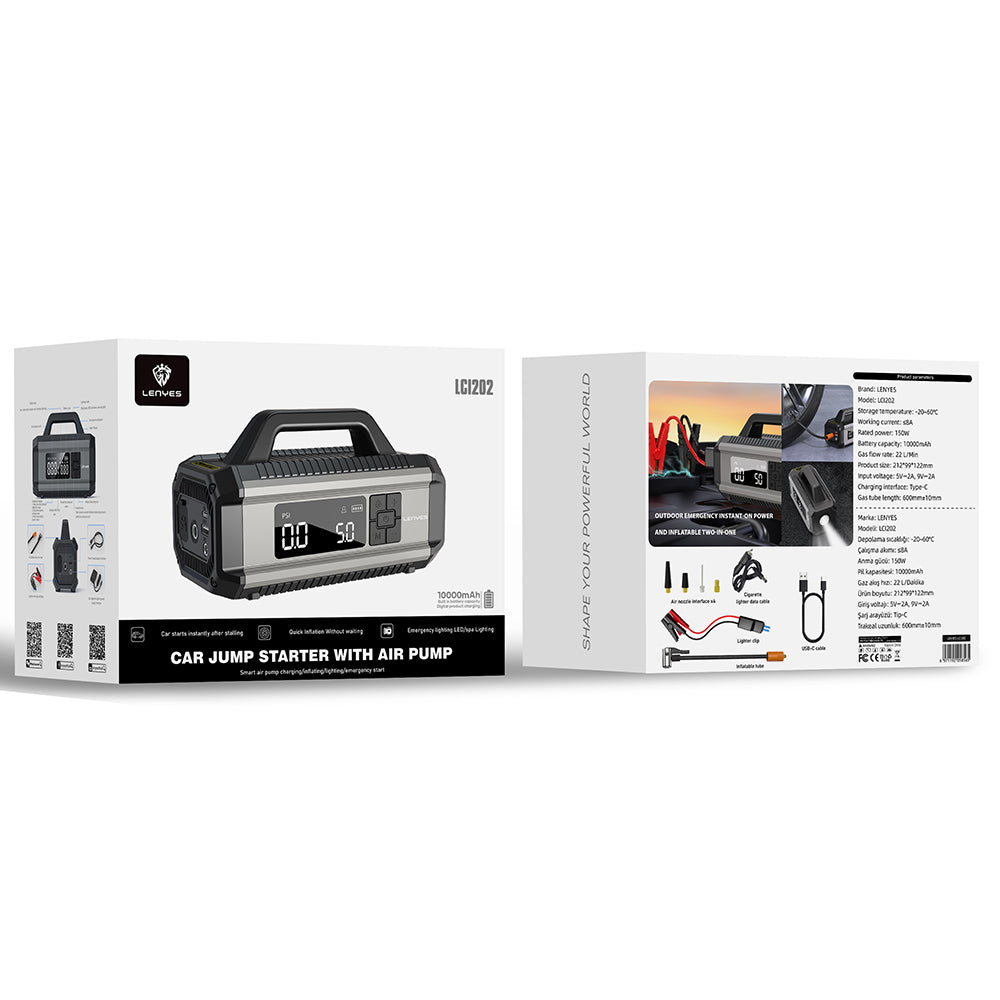 Lenyes LCI202 LED Işıklı Araç Akü Acil Durum Takviye Güç Kaynağı ve Hava Kompresörü 12V 150W 10000mAh Gri
