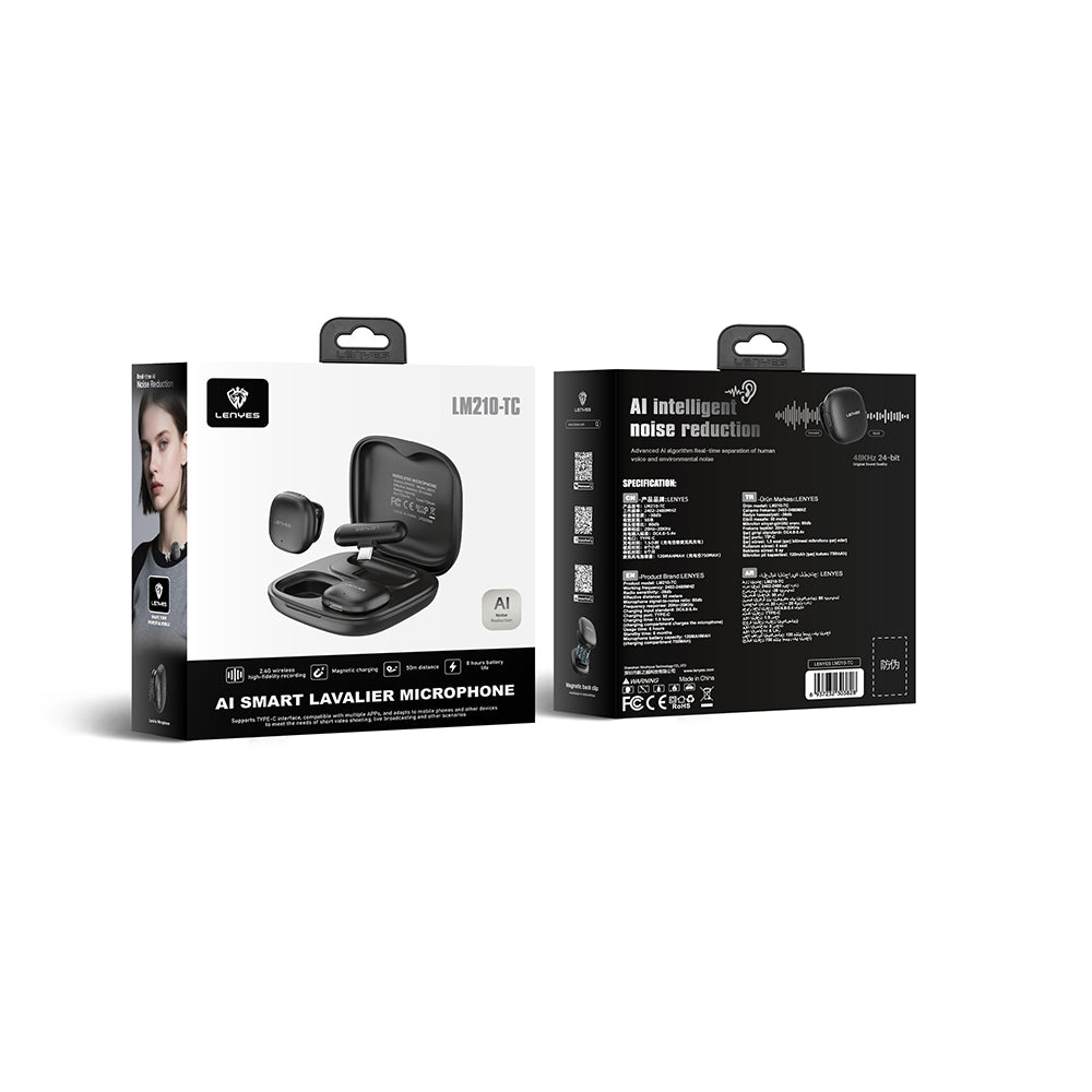 Lenyes LM210 Type-C Portlu Yapay Zeka Gürültü Önleyici Özellikli Kablosuz Yaka Mikrofonu Siyah
