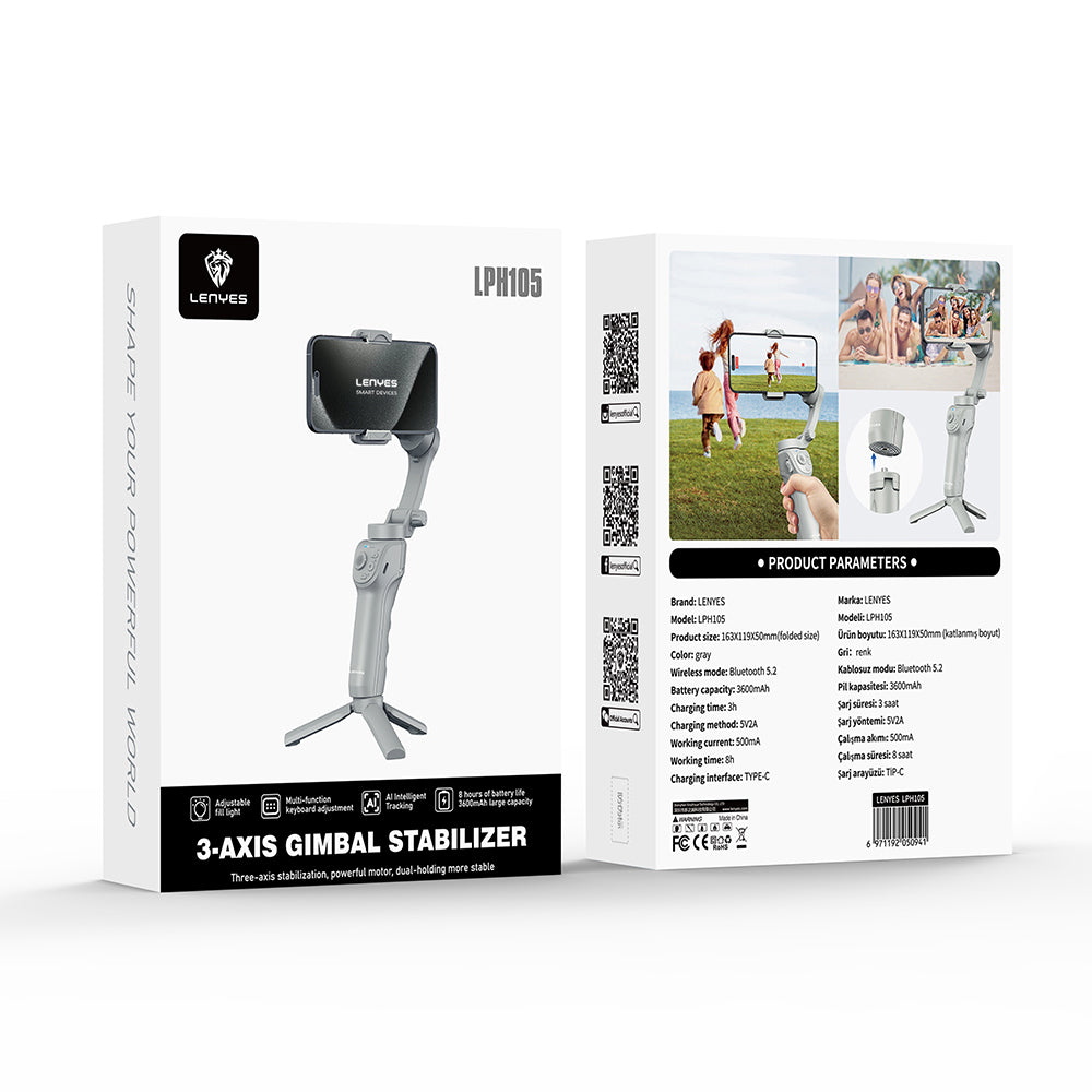 Lenyes LPH105 Taşınabilir M01 3 Eksenli El Tipi Aparatlı Gimbal Stabilizatör Gri