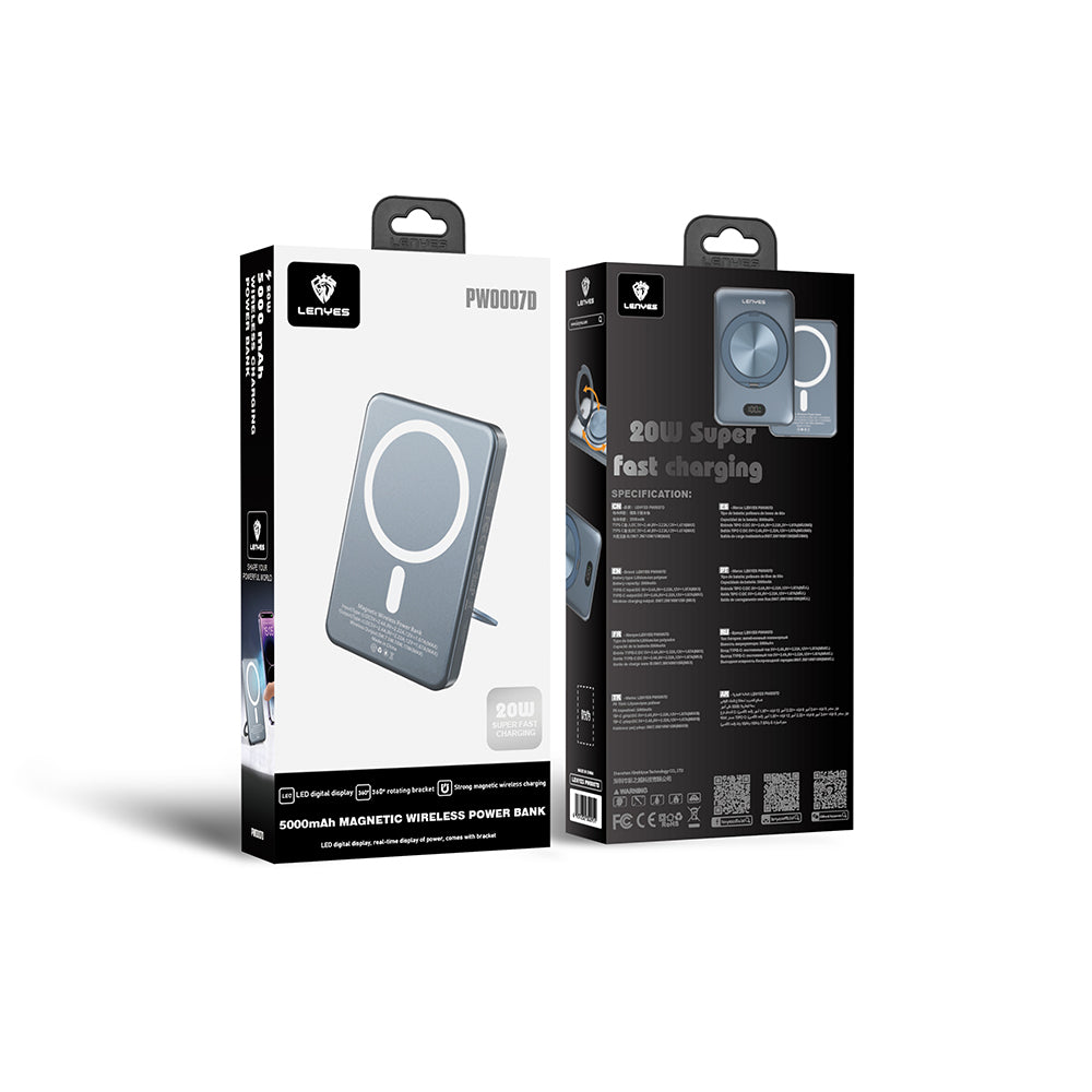 Lenyes PW0007D 20W Dijital LED Ekranlı Yüzük Standlı Wireless Powerbank 15W 5000mAh Füme