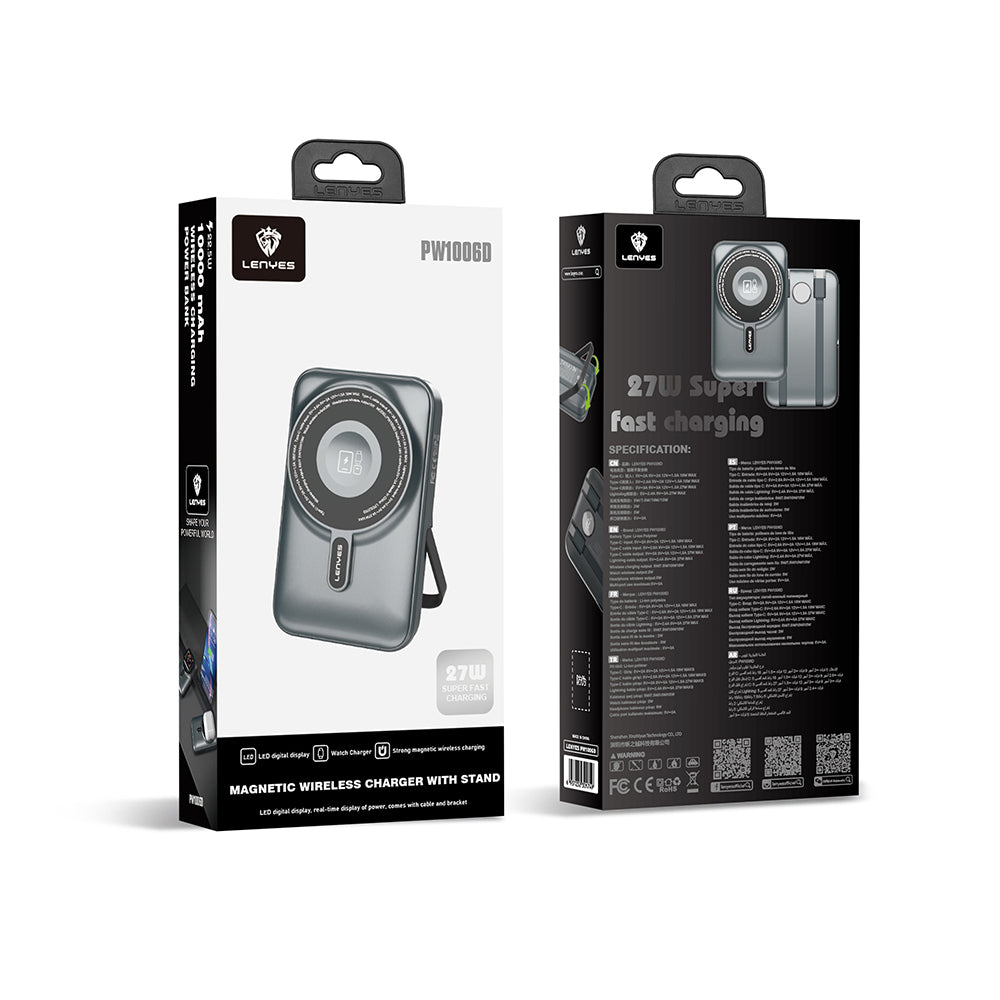 Lenyes PW1006D Dijital LED Ekranlı Standlı Wireless Powerbank 15W 10000mAh Gri
