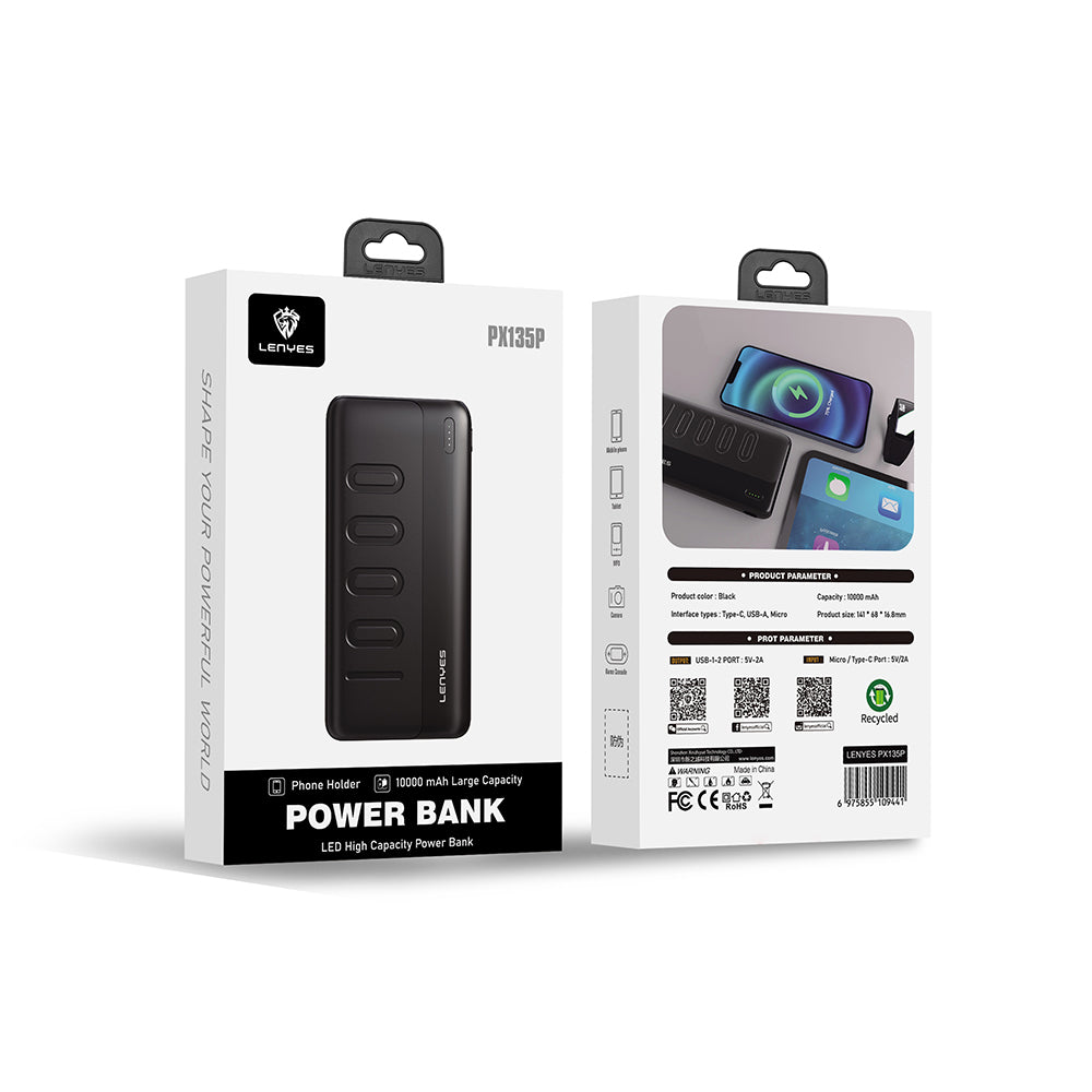 Lenyes PX135P Led Işık Göstergeli Taşınabilir Powerbank 10W 10000mAh Siyah