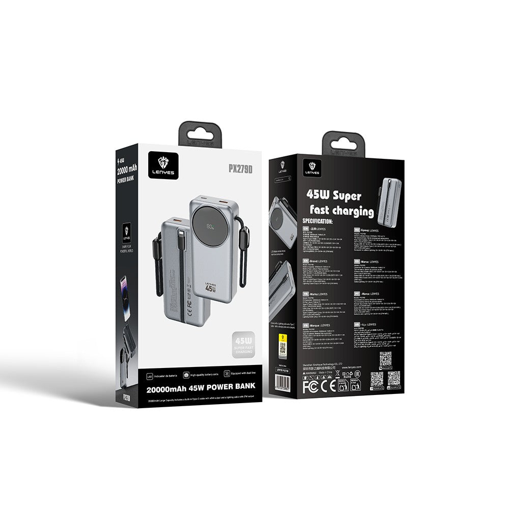 Lenyes PX279D Dijital LED Ekranlı Type-C ve Lightning Kablolu Powerbank 45W 20.000mAh