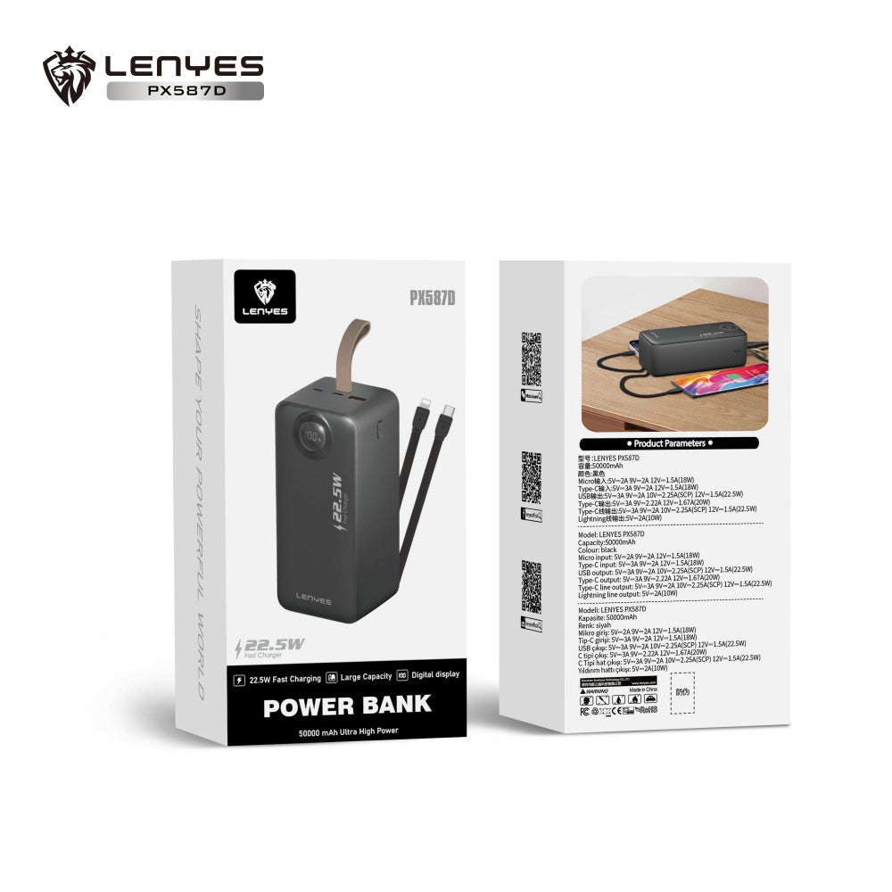 Lenyes PX587D Dijital LED Ekranlı Type-C ve Lightning Kablolu Powerbank 22.5W 50.000mAh Siyah