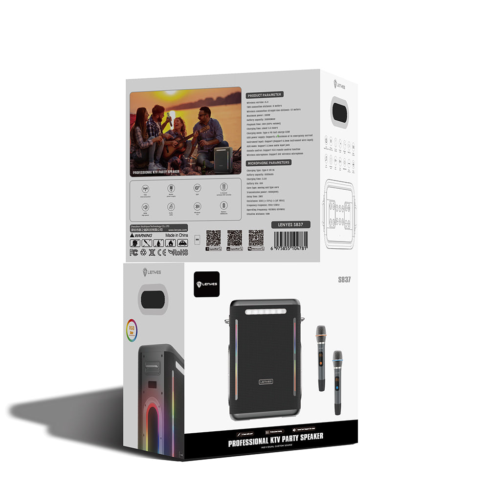 Lenyes S837 RGB Led Işıklı Bluetooth Speaker Hoparlör ve Karaoke Bluetooth Çift Mikrofon v5.0 Siyah