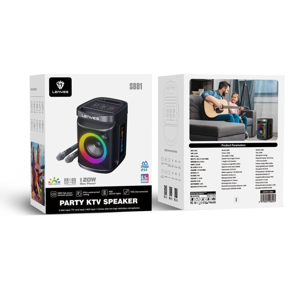 Lenyes S881 Su Geçirmez Mikrofonlu Çoklu Giriş RGB Işıklı TWS Karaoke FM Bluetooth Hoparlör v5.3 120W Siyah