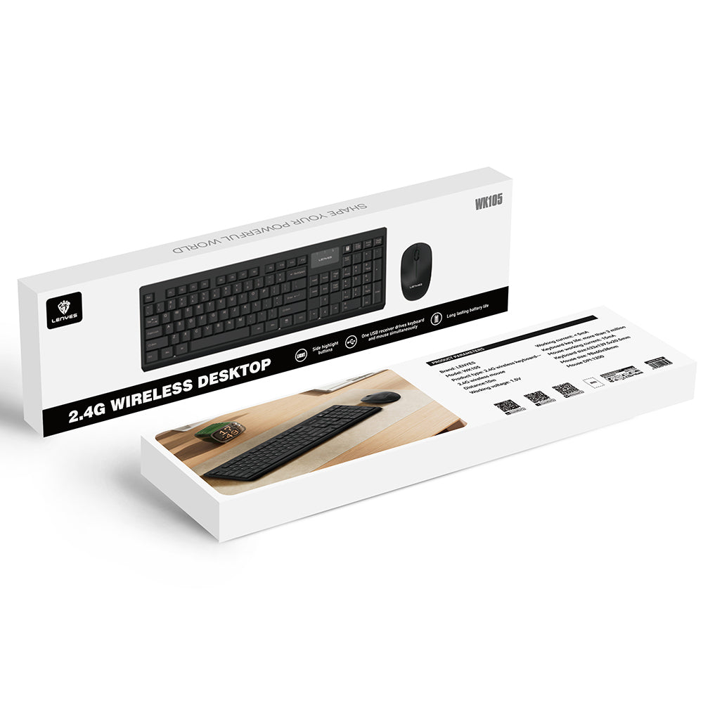 Lenyes WK105 Ergonomik 2in1 2.4G Kablosuz Klavye ve 1200 DPI Mouse Seti Siyah