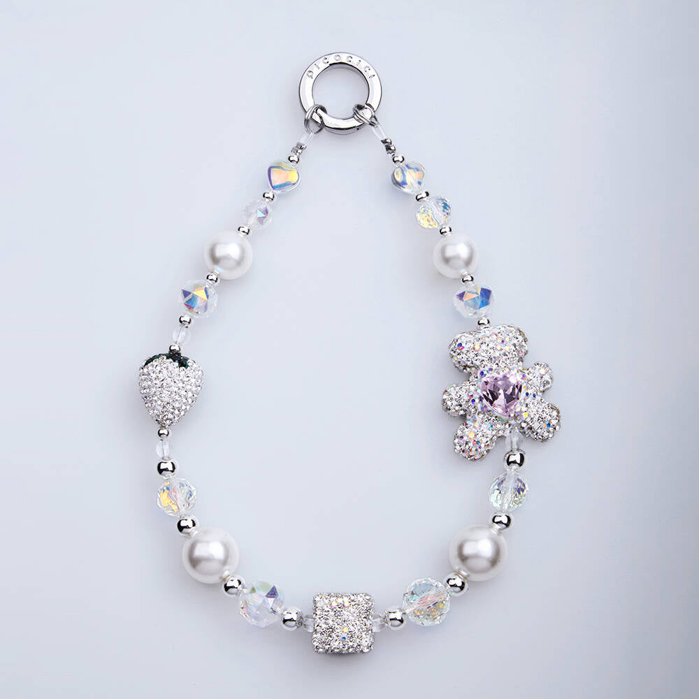 Picocici Elmas Taşlı Çilek ve Elmas Taşlı Ayı Telefon Bilek Askı İpi Beyaz