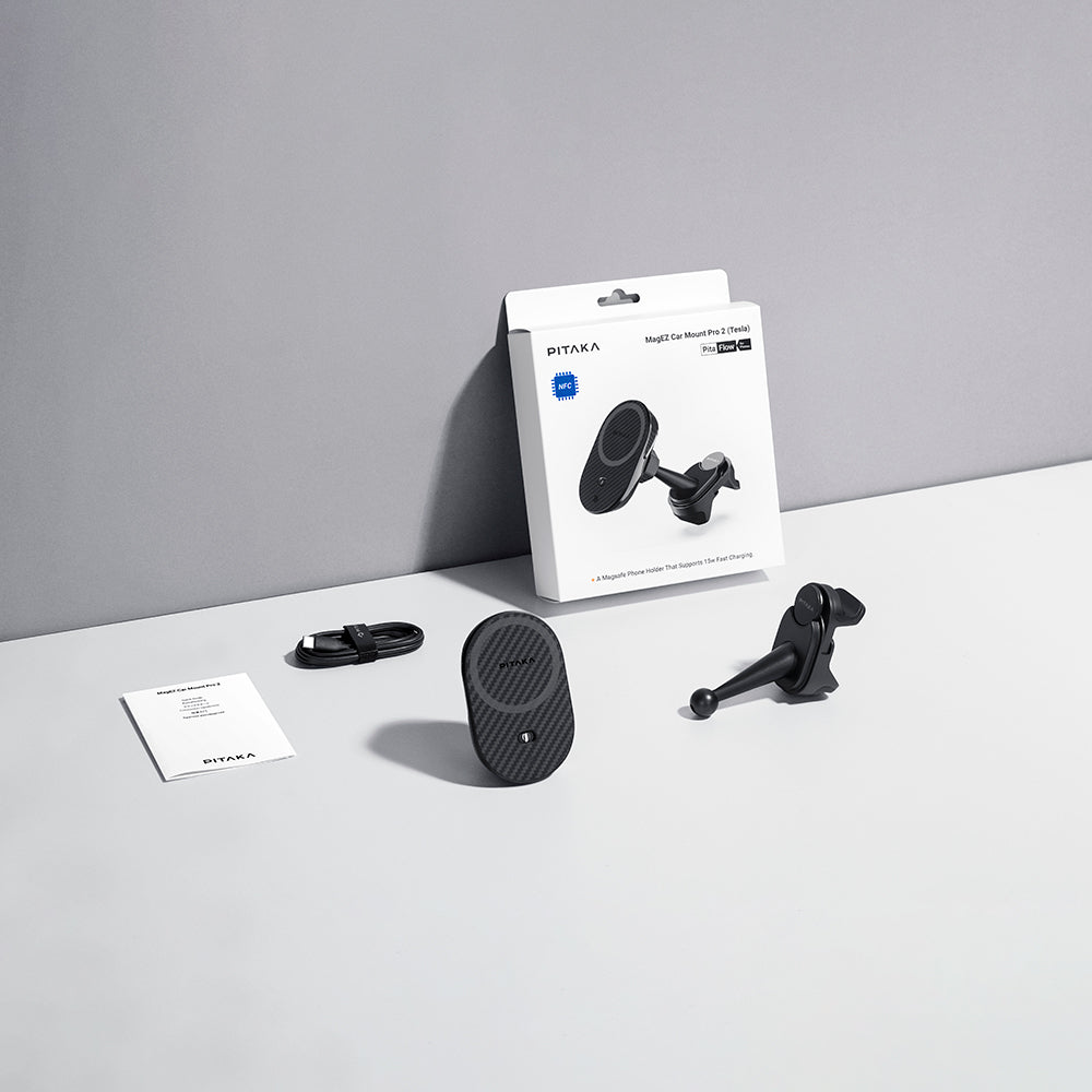 Pitaka MagEZ Pro 2 M-safe Şarj Özellikli Qi2 Tesla Model Y ve Model 3 Uyumlu Aramid Fiber Araç Telefon Tutucu Siyah