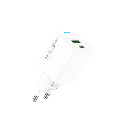 Recci RC107E Type-C PD & USB-A GaN Teknolojili Hızlı Şarj Başlığı 30W Beyaz