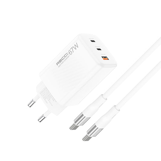 Recci RC85E GaN Teknolojili Hızlı Şarj Başlığı USB-A to Type-C PD 67W Kablolu Şarj Seti Beyaz