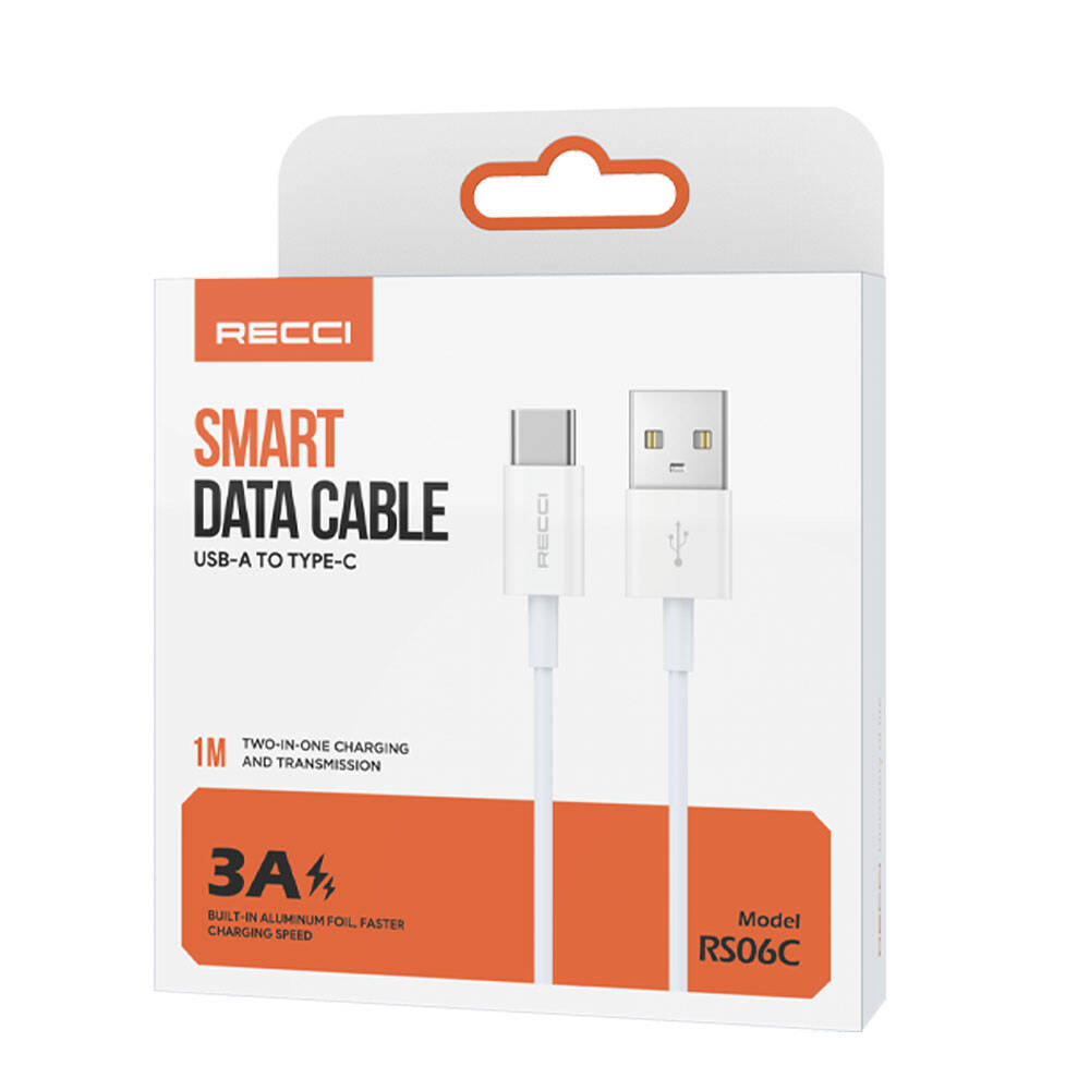 Recci RS06C USB-A to Type-C 3A Hızlı Şarj Özellikli Data ve Şarj Kablosu 1M Beyaz