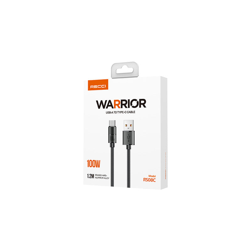 Recci RS08C Warrior Serisi 100W Hızlı Şarj Özellikli USB-A To Type-C Kablo 1.2M Gri