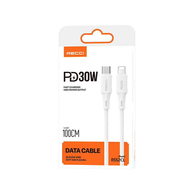 Recci RS52CL Type-C to Lightning PD Hızlı Şarj Özellikli Data ve Şarj Kablosu 30W 1M Beyaz
